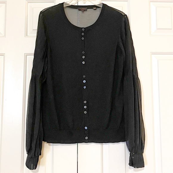 Ted Baker Black Button Front Blouse w/ Sheer Bishop Long Sleeves. Size Medium - Picture 2 of 14
